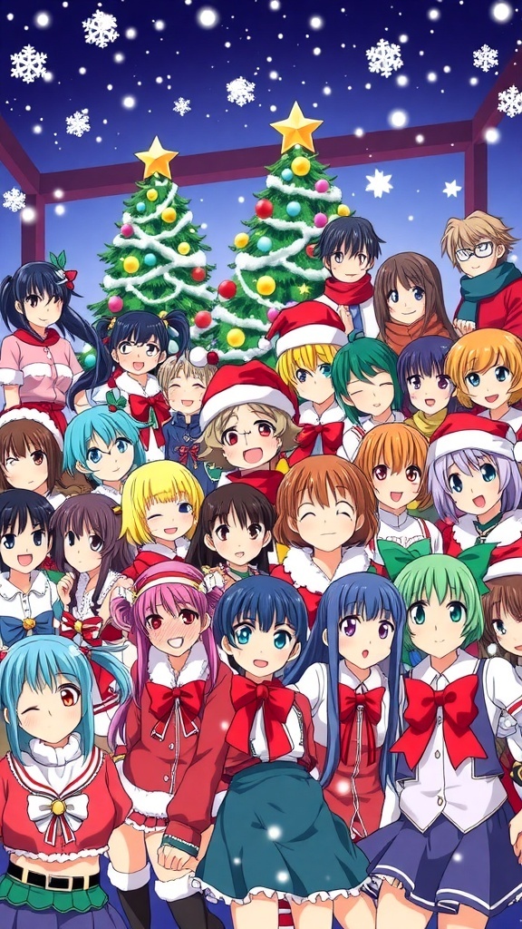 2000s Anime Christmas Profile Picture Ideas A collage of 2000s anime characters in Christmas attire with festive decorations.